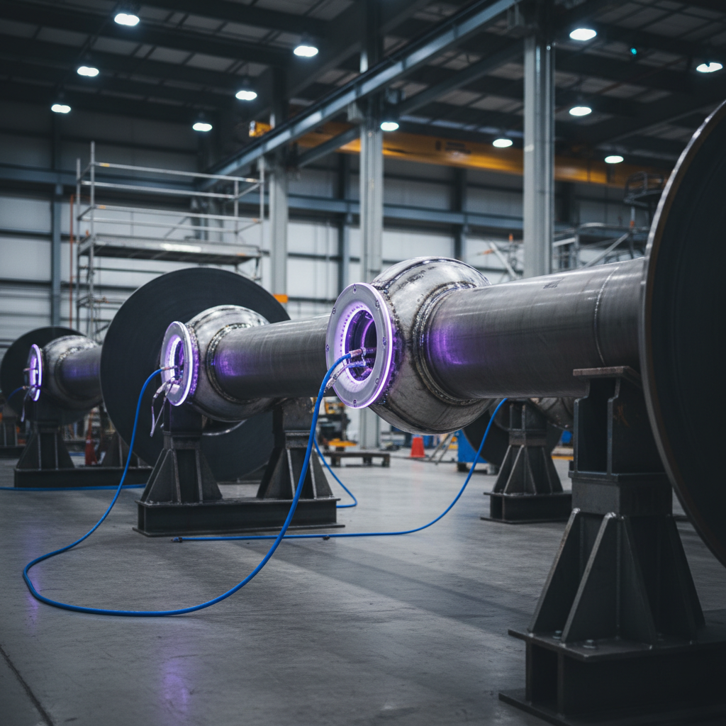 A pipeline fabrication shop with alloy pipe spools staged for welding, purge dams and gas lines fitted at the joints.