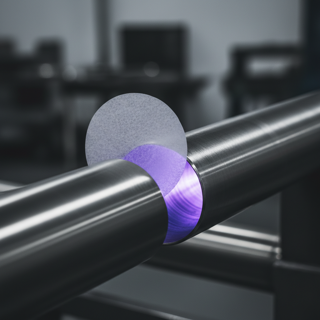 A water-soluble paper purge dam positioned inside a stainless pipe section before welding.