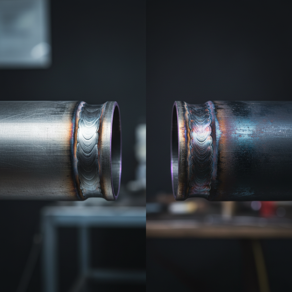 Side-by-side macro comparison of a bright, properly purged weld root and a discolored, oxidized weld root.